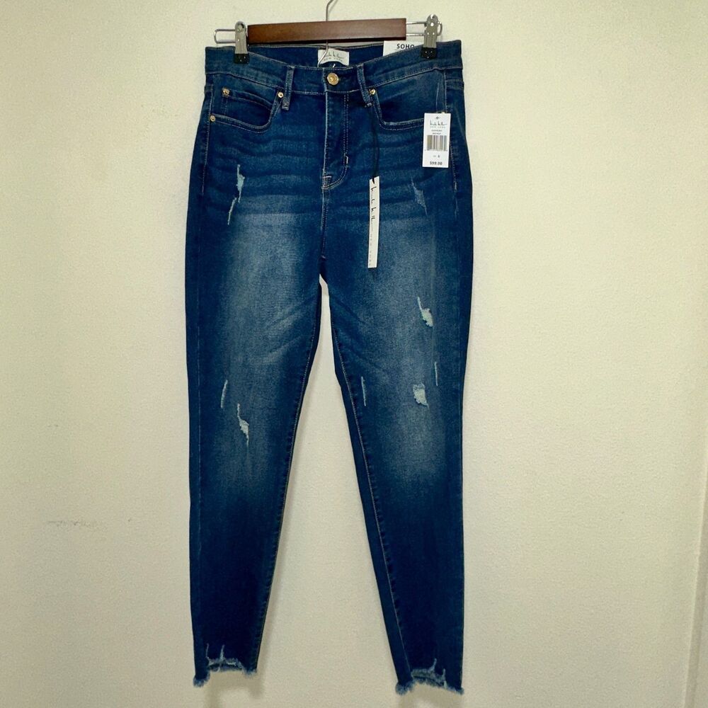 NWT Nicole Miller Women Soho High Rise Slim Jeans 6 Blue Distressed Raw Hem $99